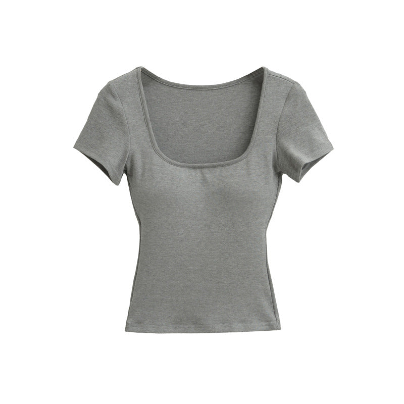 Slim Fit Round Neck Candy Color Short Sleeve T-Shirt with Padded Cups