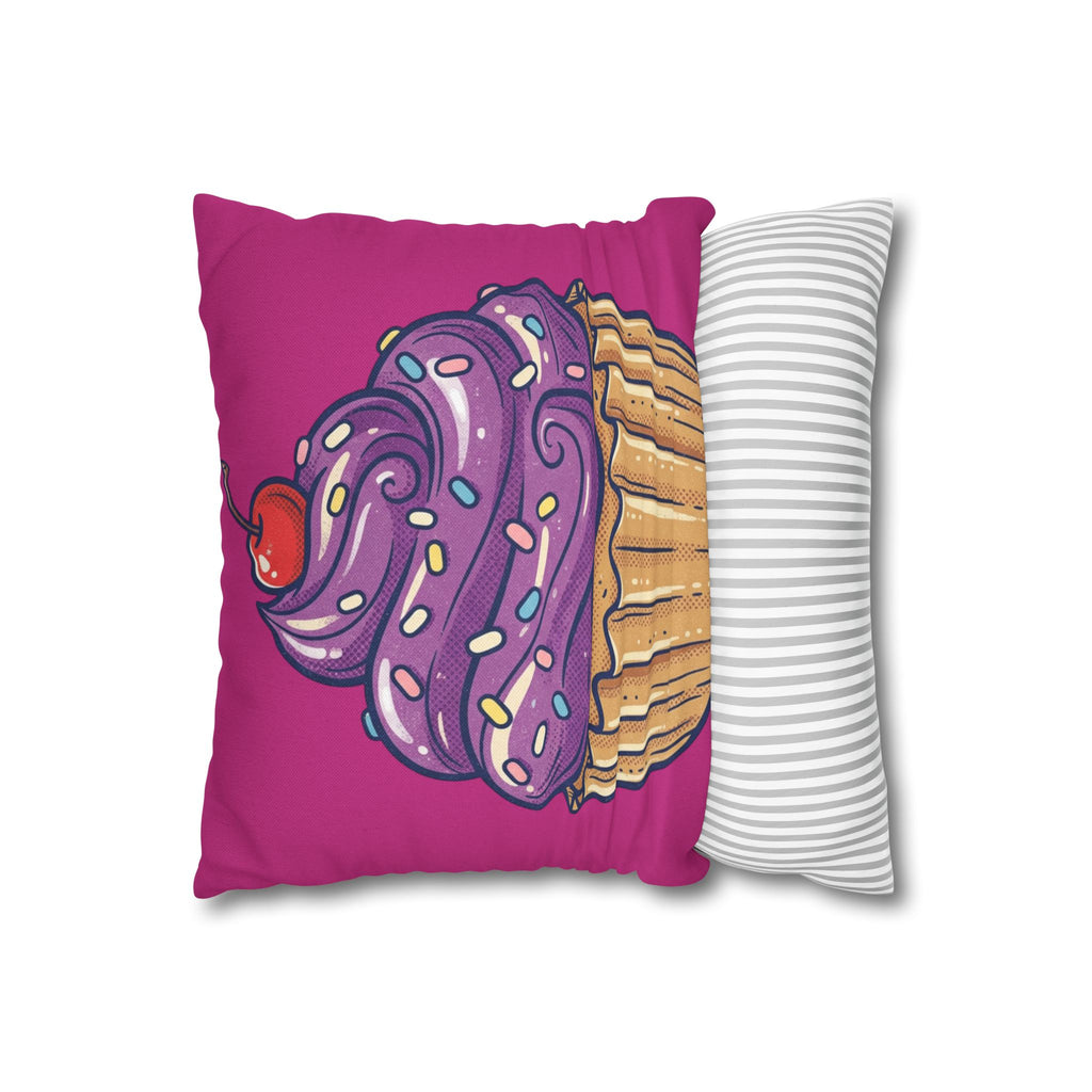 Cupcake Illustration Pillowcase - Purple Frosting Decorative Throw Pillow Cover- Magenta