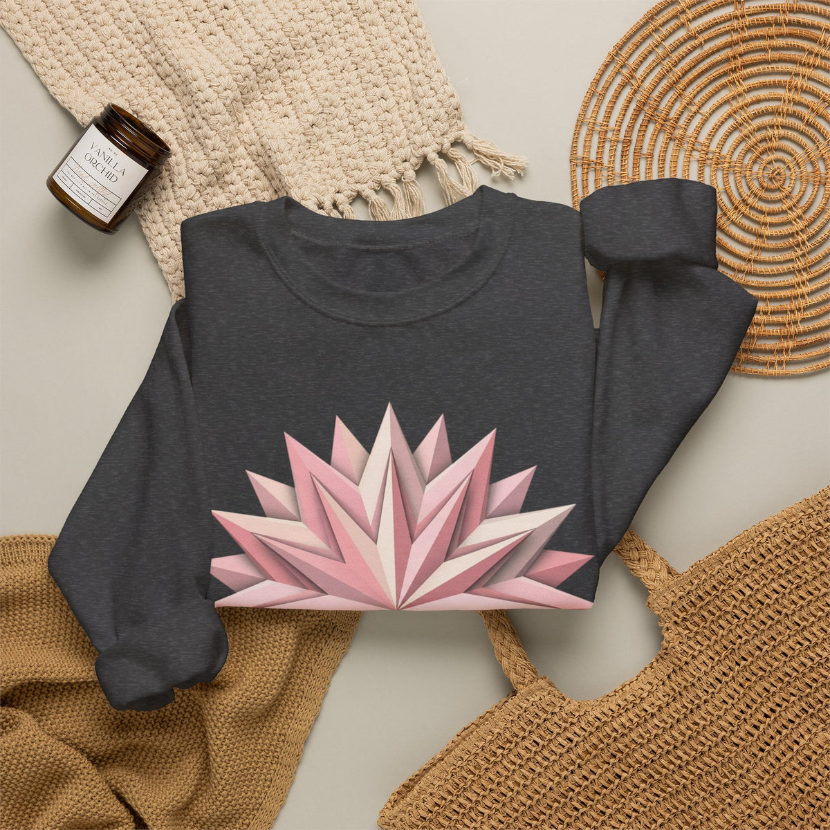 Starburst Polygon Crewneck Sweatshirt — Pink Geometric Floral Graphic