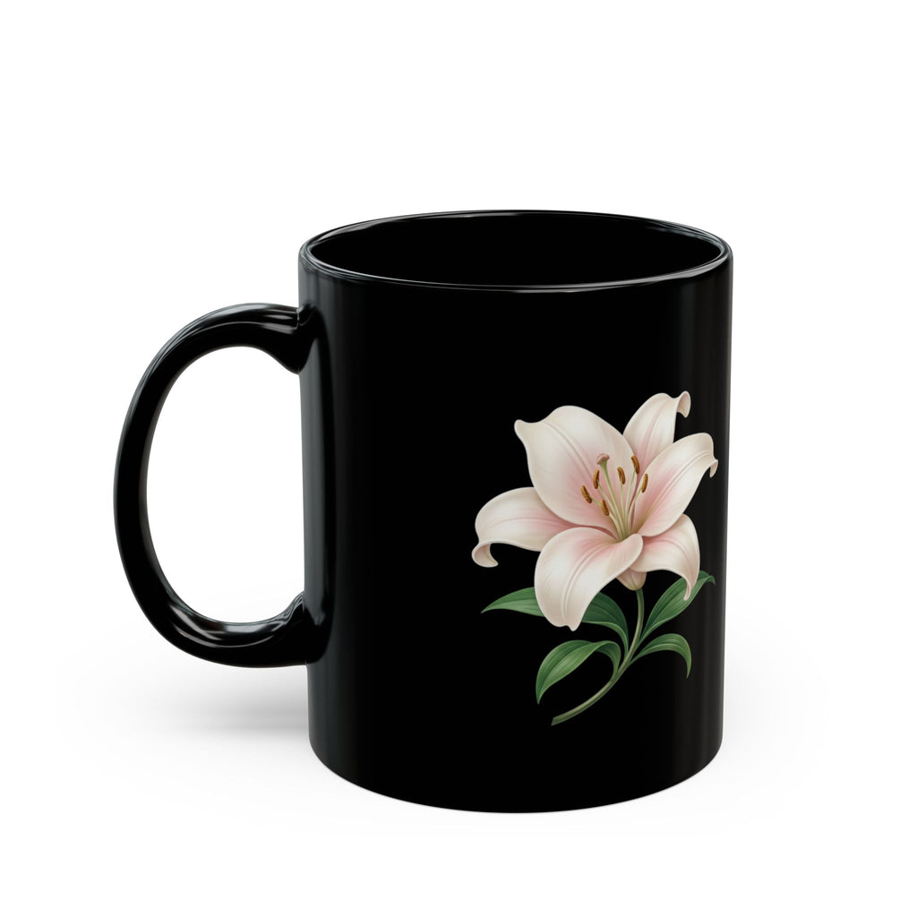 Black Floral Lily Mug — Elegant Pink Lily Coffee Cup (11oz & 15oz)