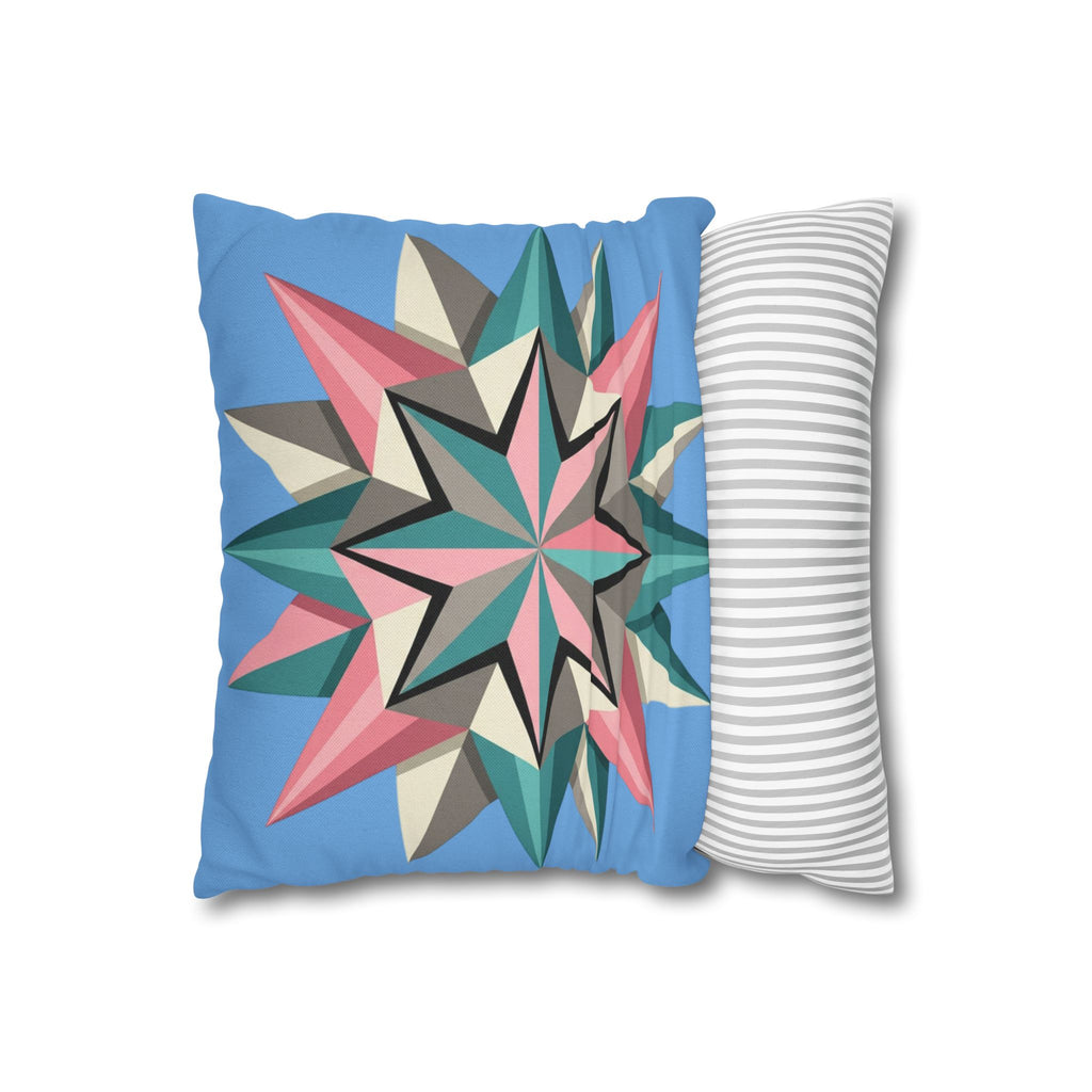 Geometric Starburst Throw Pillowcase – Pastel Compass Design on Sky Blue