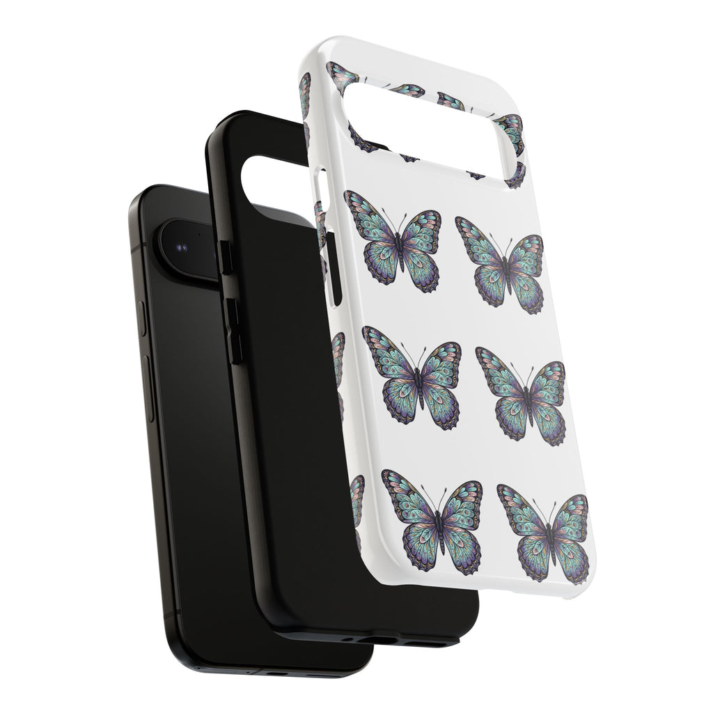 Butterfly Pattern Tough Phone Case — Vintage Teal Floral Protective Cover