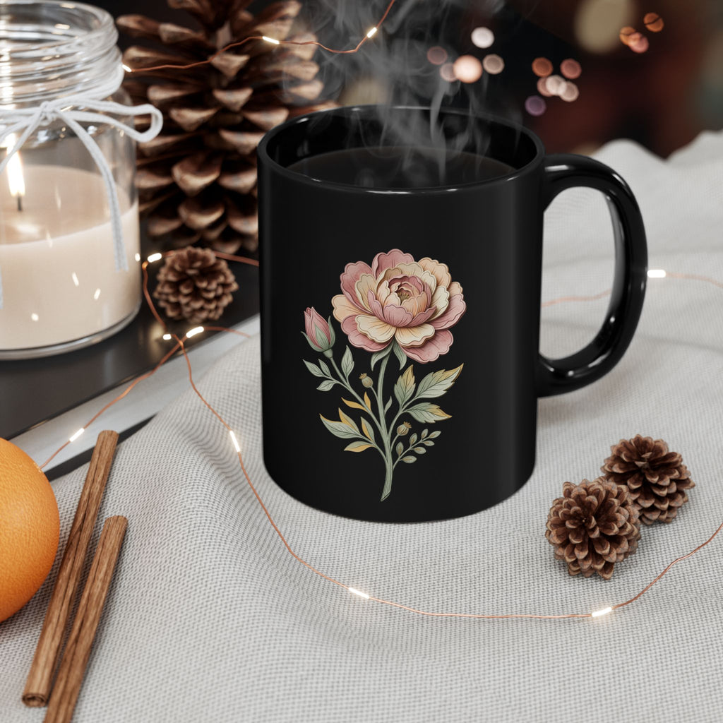 Floral Vintage Rose Black Ceramic Mug — Elegant Pink Peony Coffee Cup (11oz/15oz)