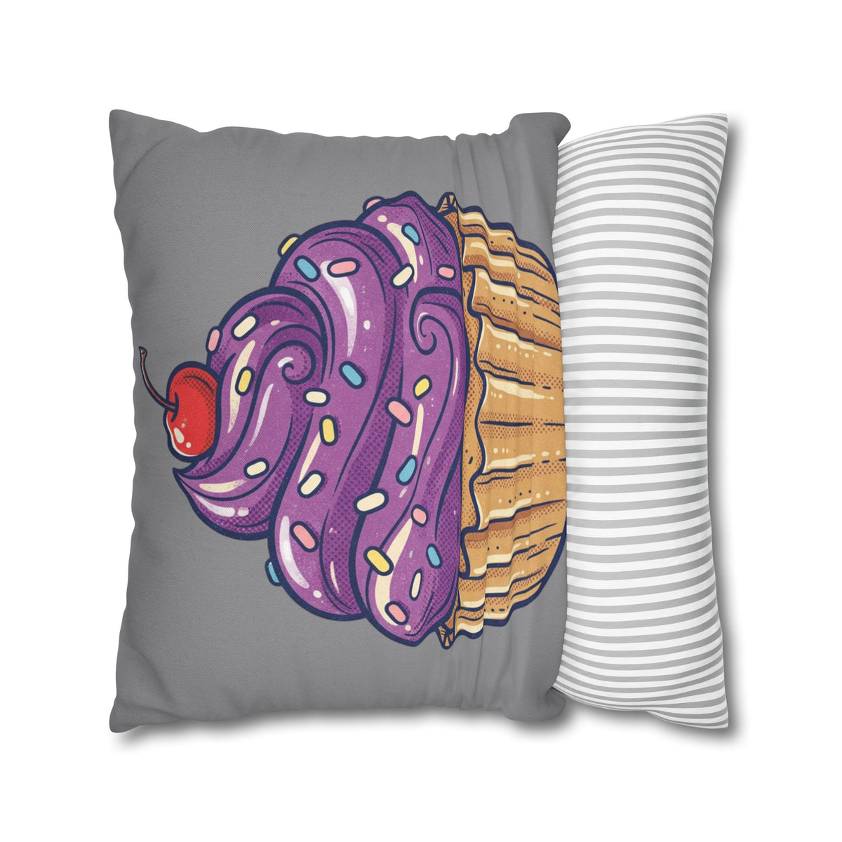 Cupcake Pillowcase — Whimsical Purple Frosting Decorative Throw Pillow- Grey