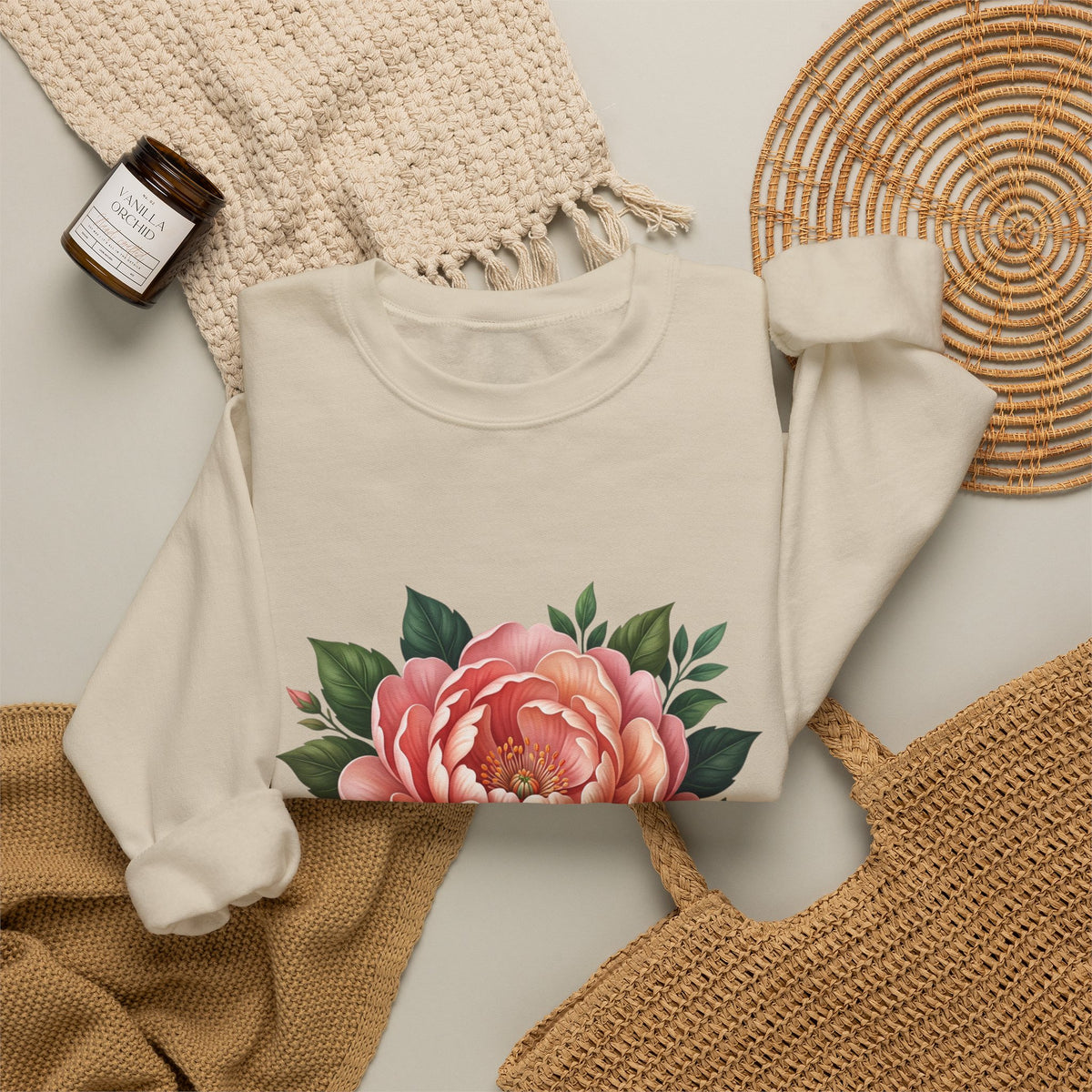 Floral Peony Crewneck Sweatshirt — Vintage Pink Flower Pullover