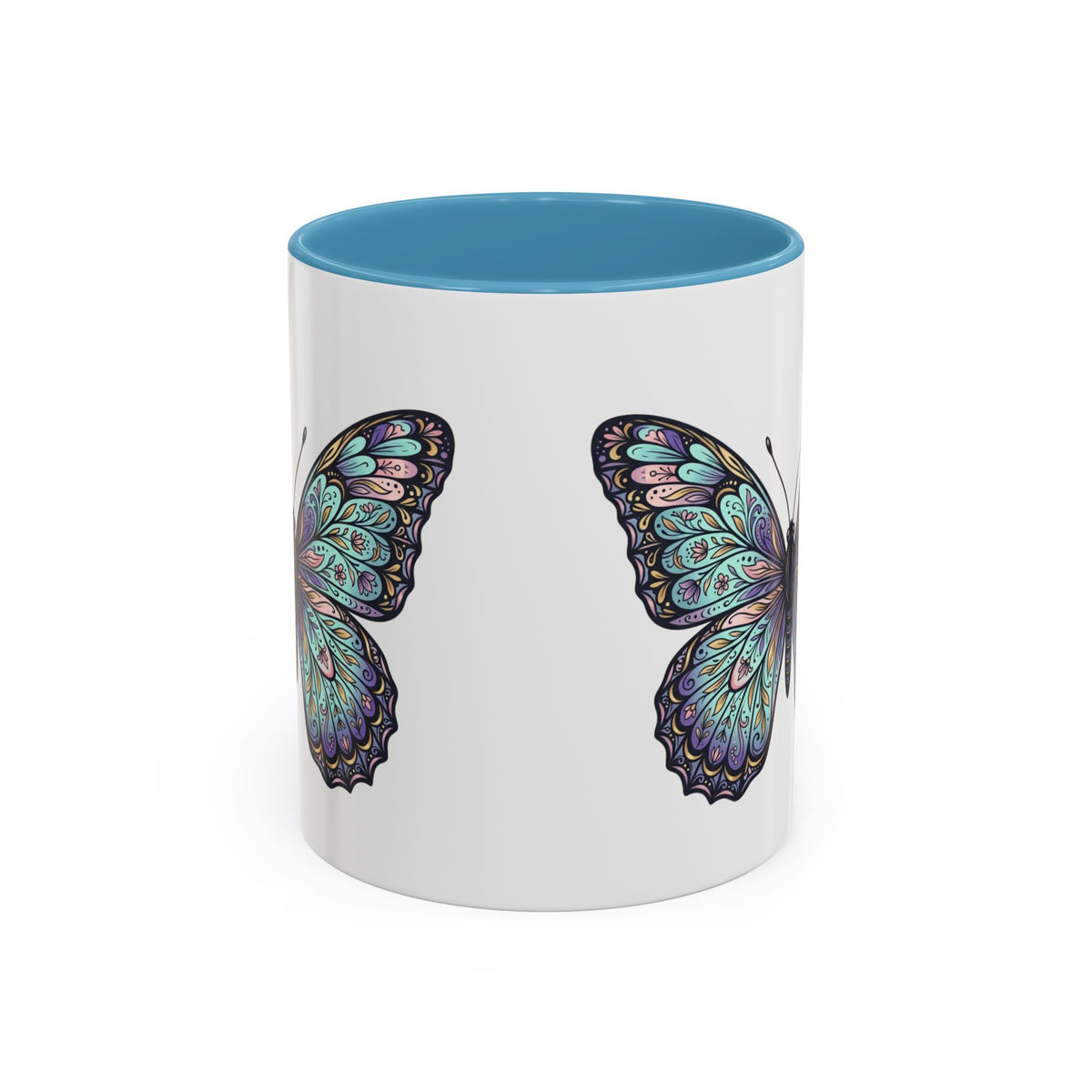 Butterfly Accent Coffee Mug — Teal Mandala Wing Design (11/15oz)