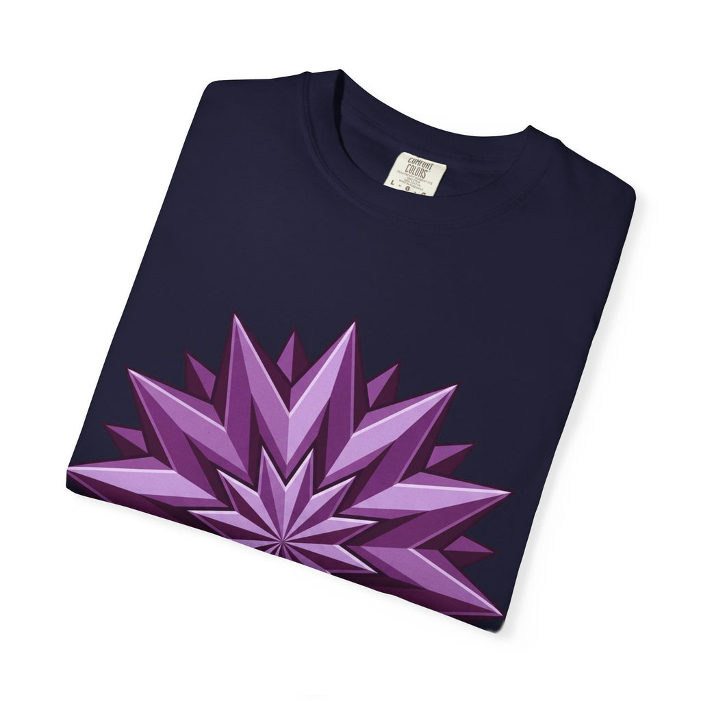 Purple Geometric Starburst T-Shirt — Bold 3D Floral Graphic Tee