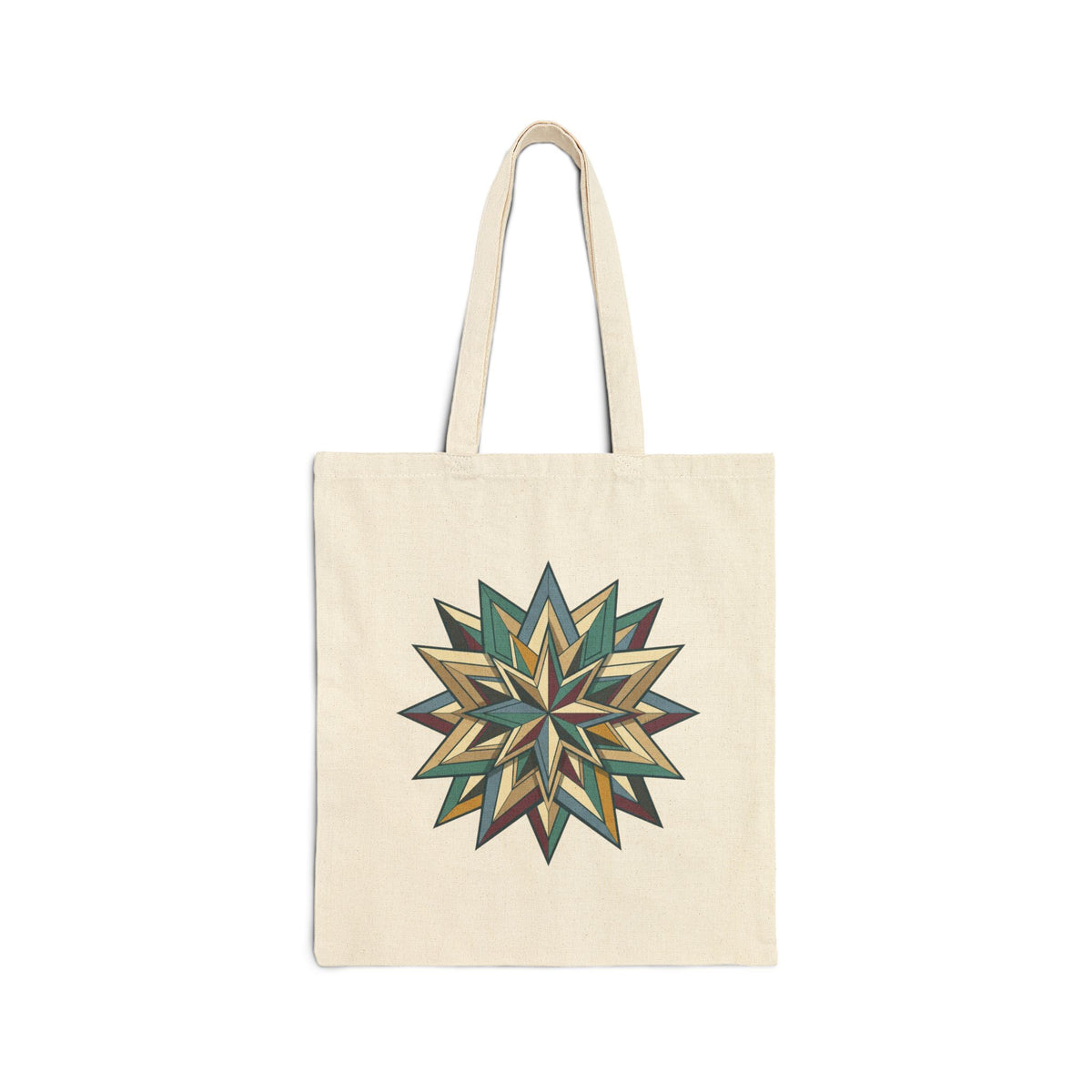 Geometric Starburst Canvas Tote Bag – Boho Green & Gold Quilted Design