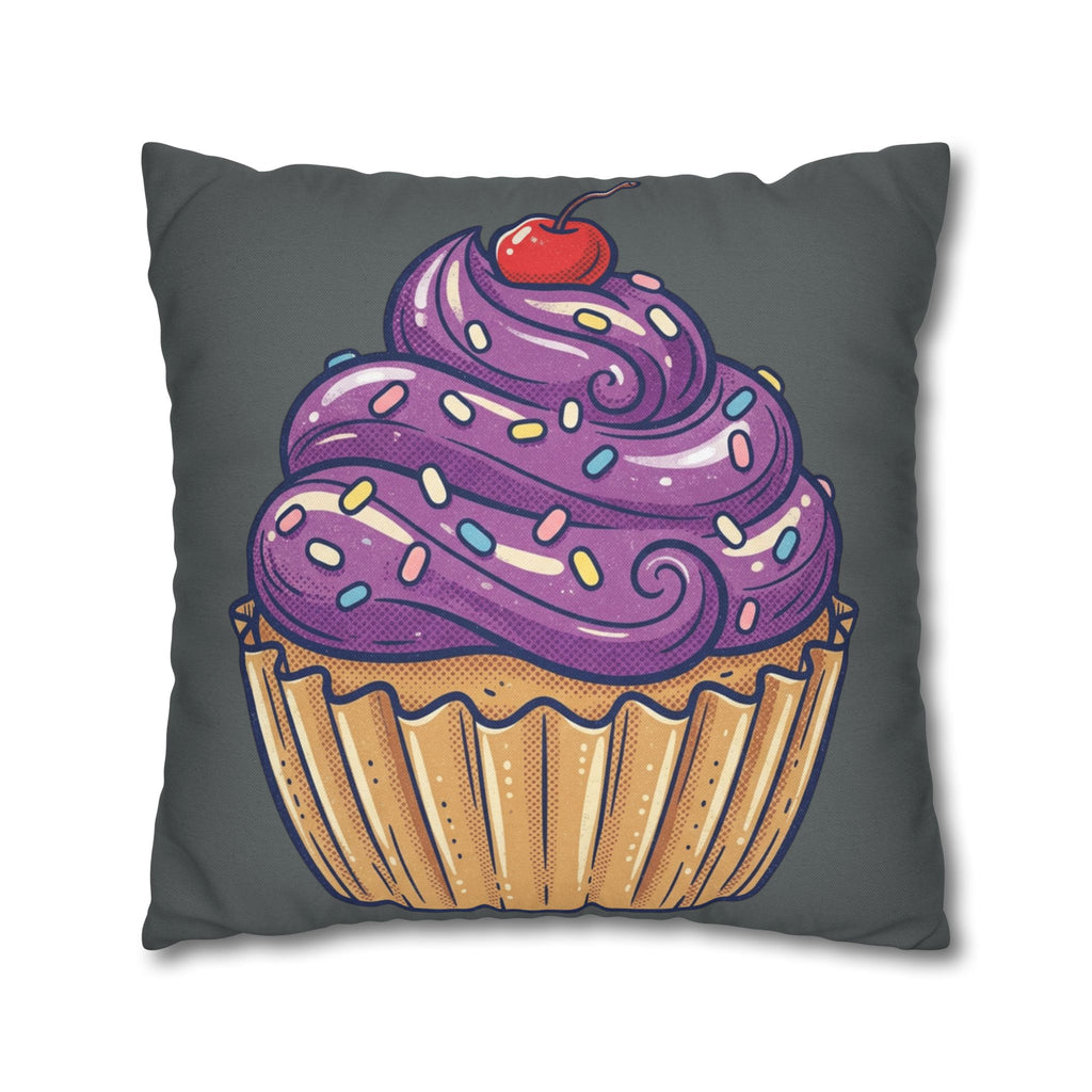 Cupcake Pillowcase — Whimsical Purple Frosting Decorative Throw Pillow- Dark Grey