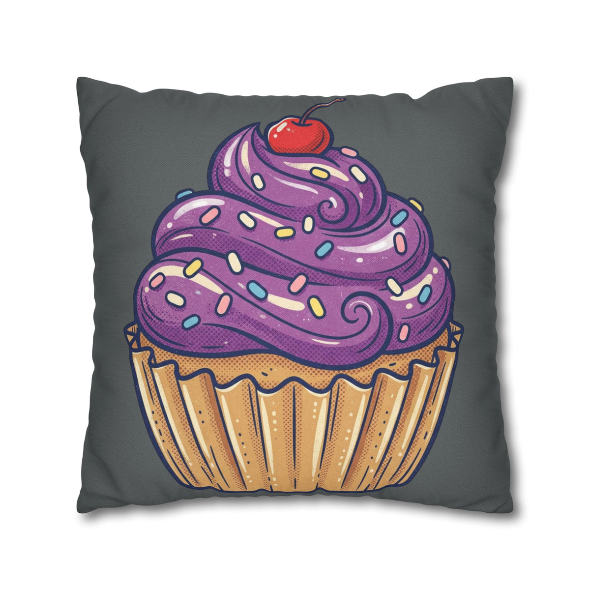 Cupcake Pillowcase — Whimsical Purple Frosting Decorative Throw Pillow- Dark Grey