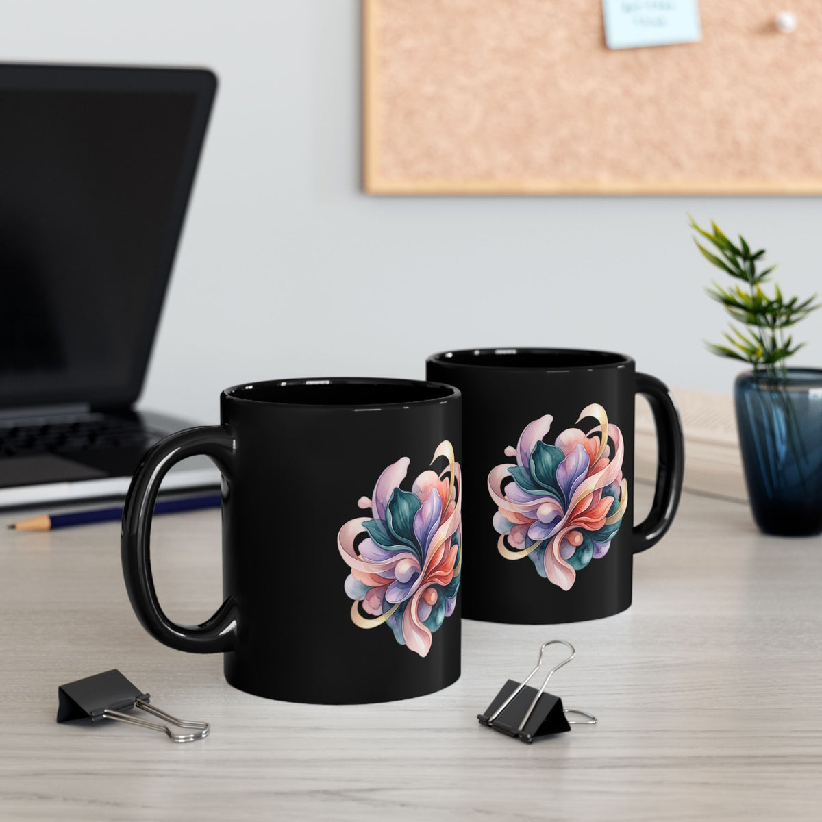 Floral Heart Black Mug — Colorful Watercolor Bouquet Coffee Cup (11oz & 15oz)