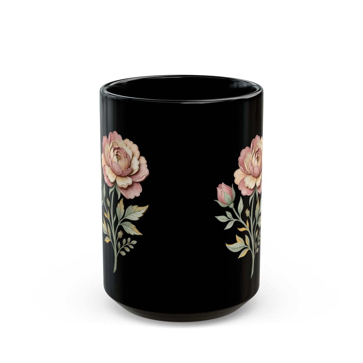 Floral Vintage Rose Black Ceramic Mug — Elegant Pink Peony Coffee Cup (11oz/15oz)