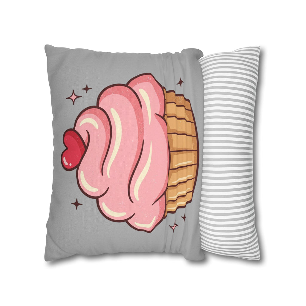 Pink Cupcake Spun Polyester Square Pillowcase- Light Grey