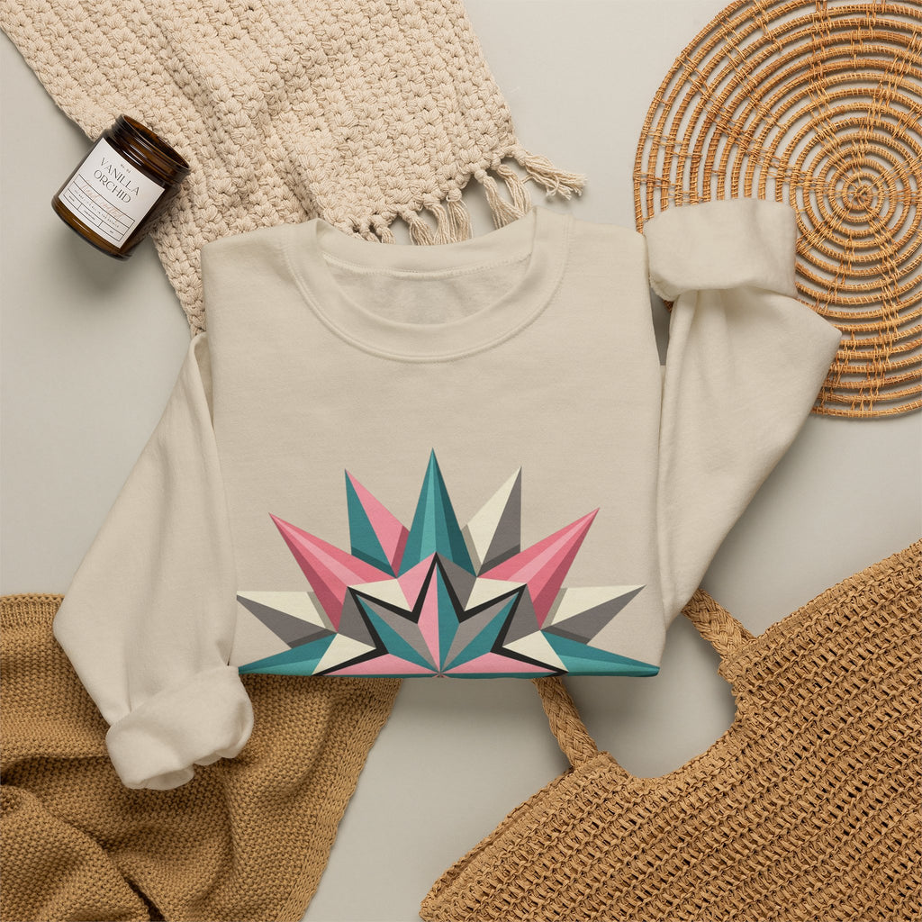Geometric Starburst Crewneck Sweatshirt — Pink Teal Modern Compass Design