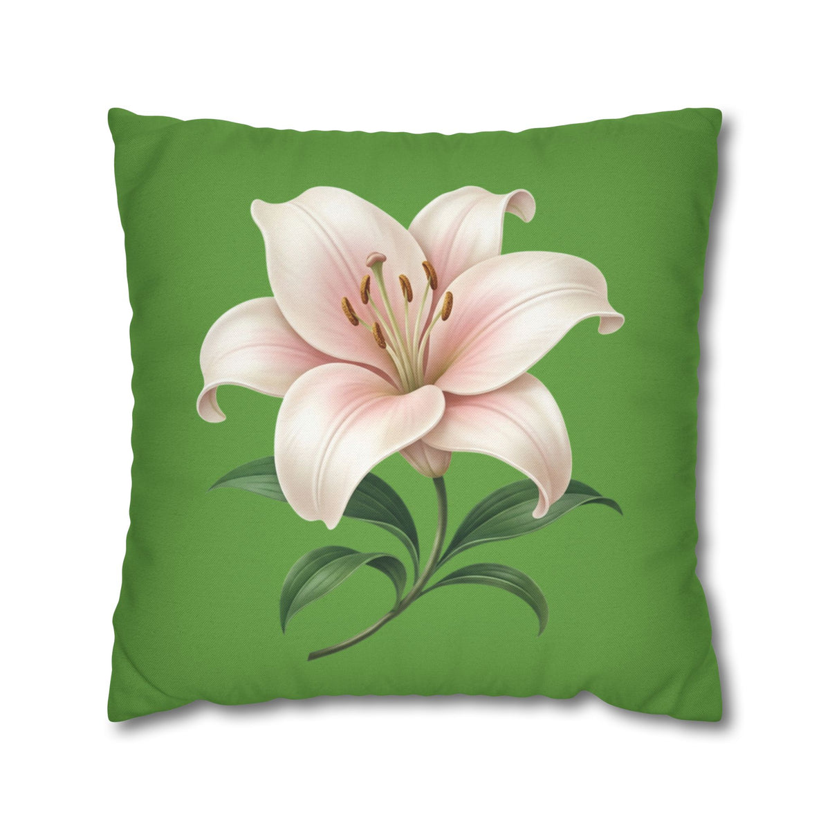 Pink Lily Floral Pillowcase — Green Square Decorative Pillow Cover