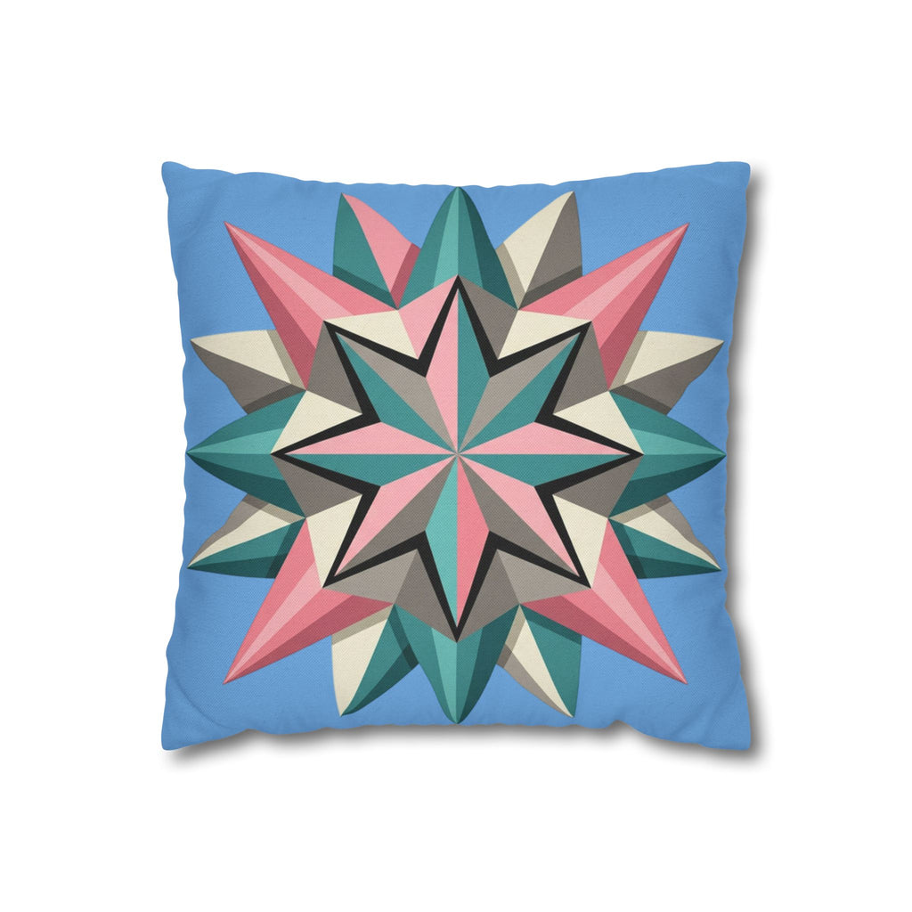 Geometric Starburst Throw Pillowcase – Pastel Compass Design on Sky Blue
