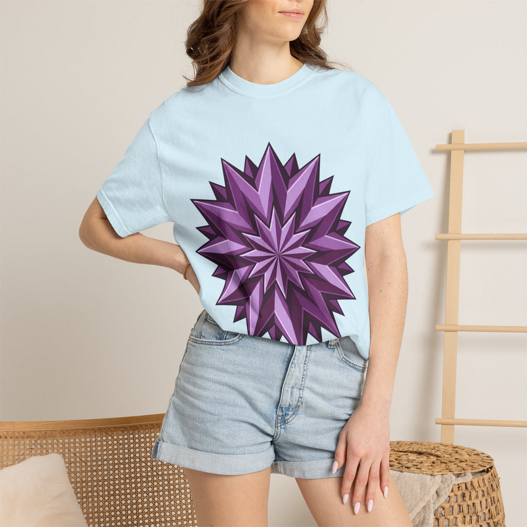 Purple Geometric Starburst T-Shirt — Bold 3D Floral Graphic Tee