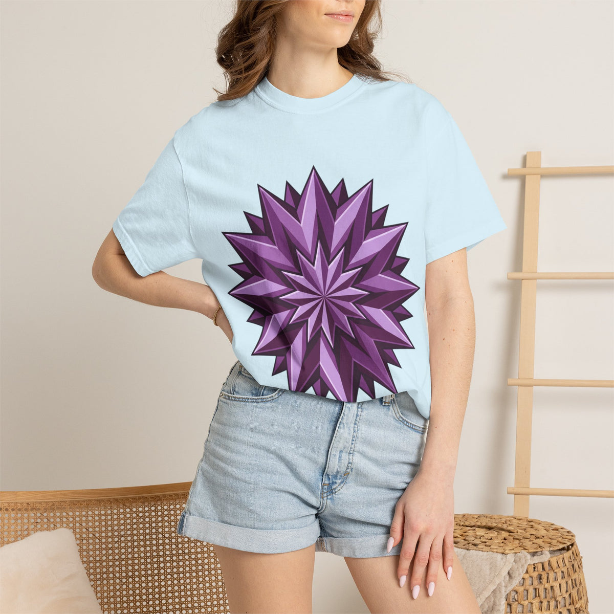 Purple Geometric Starburst T-Shirt — Bold 3D Floral Graphic Tee