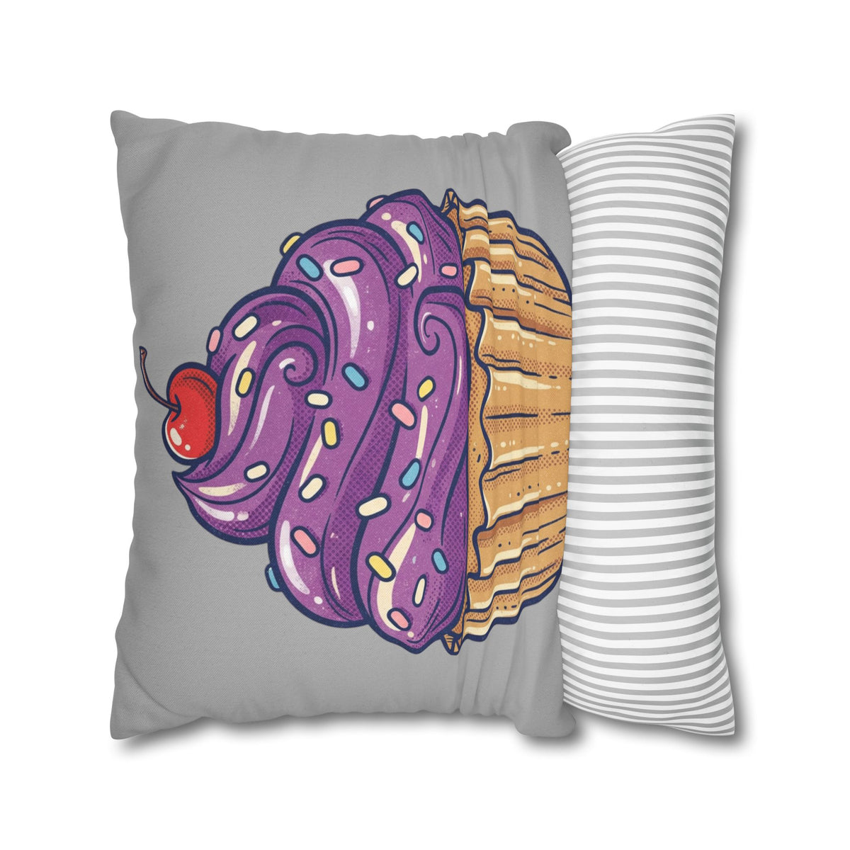 Cupcake Cushion Cover — Purple Frosting Dessert Pillowcase- Light Grey