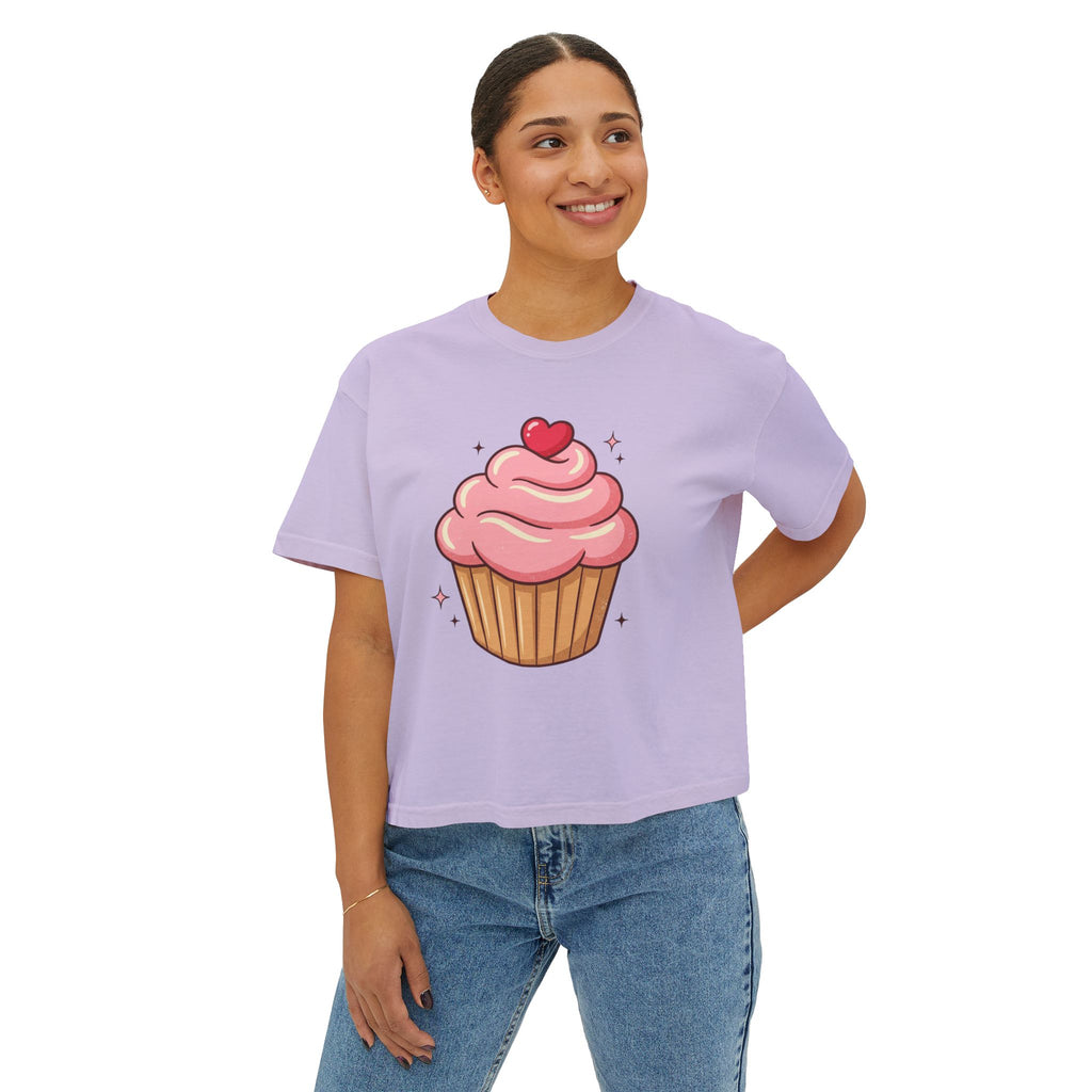 Cupcake Graphic Boxy Tee — Cute Pink Dessert Shirt for Women