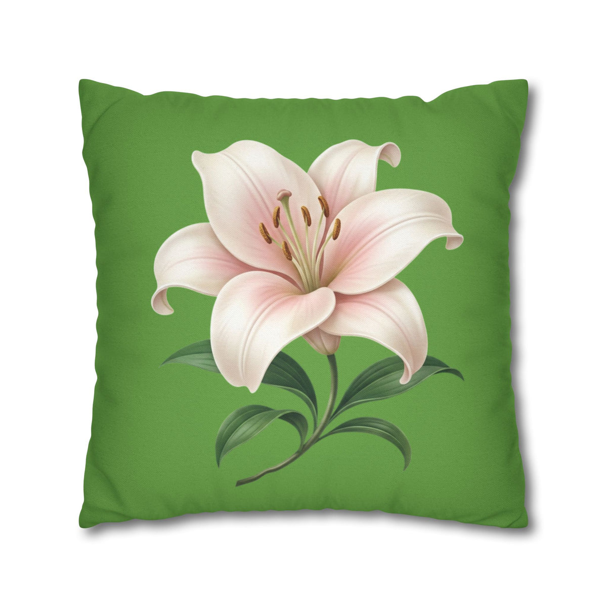 Pink Lily Floral Pillowcase — Green Square Decorative Pillow Cover