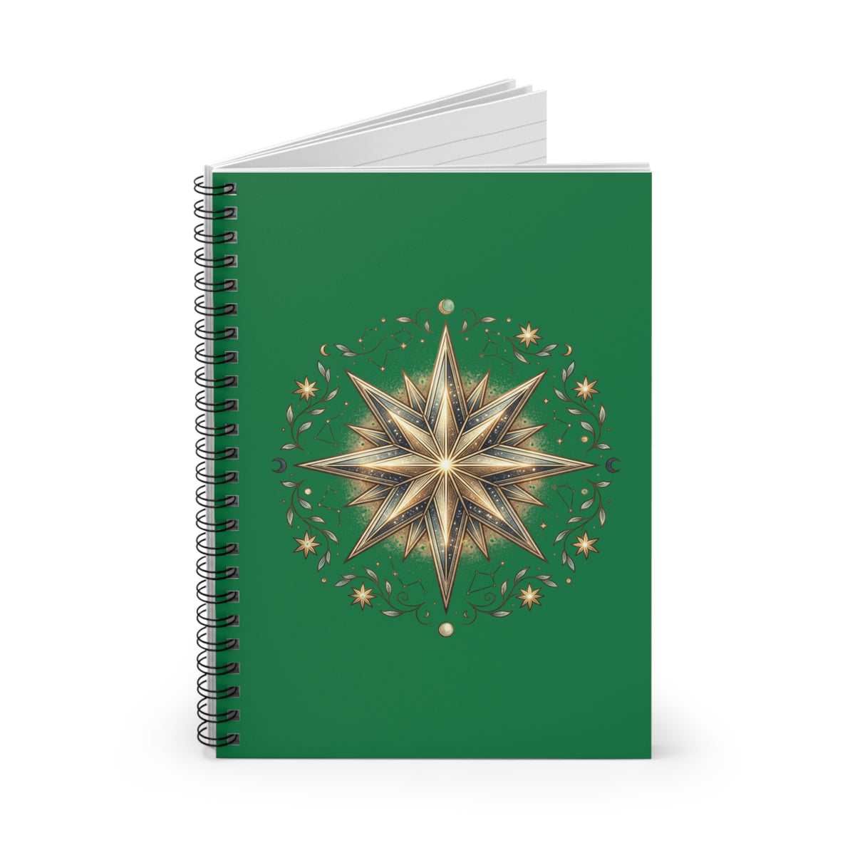 Star Print Spiral Notebook - Ruled Line- Dark Green