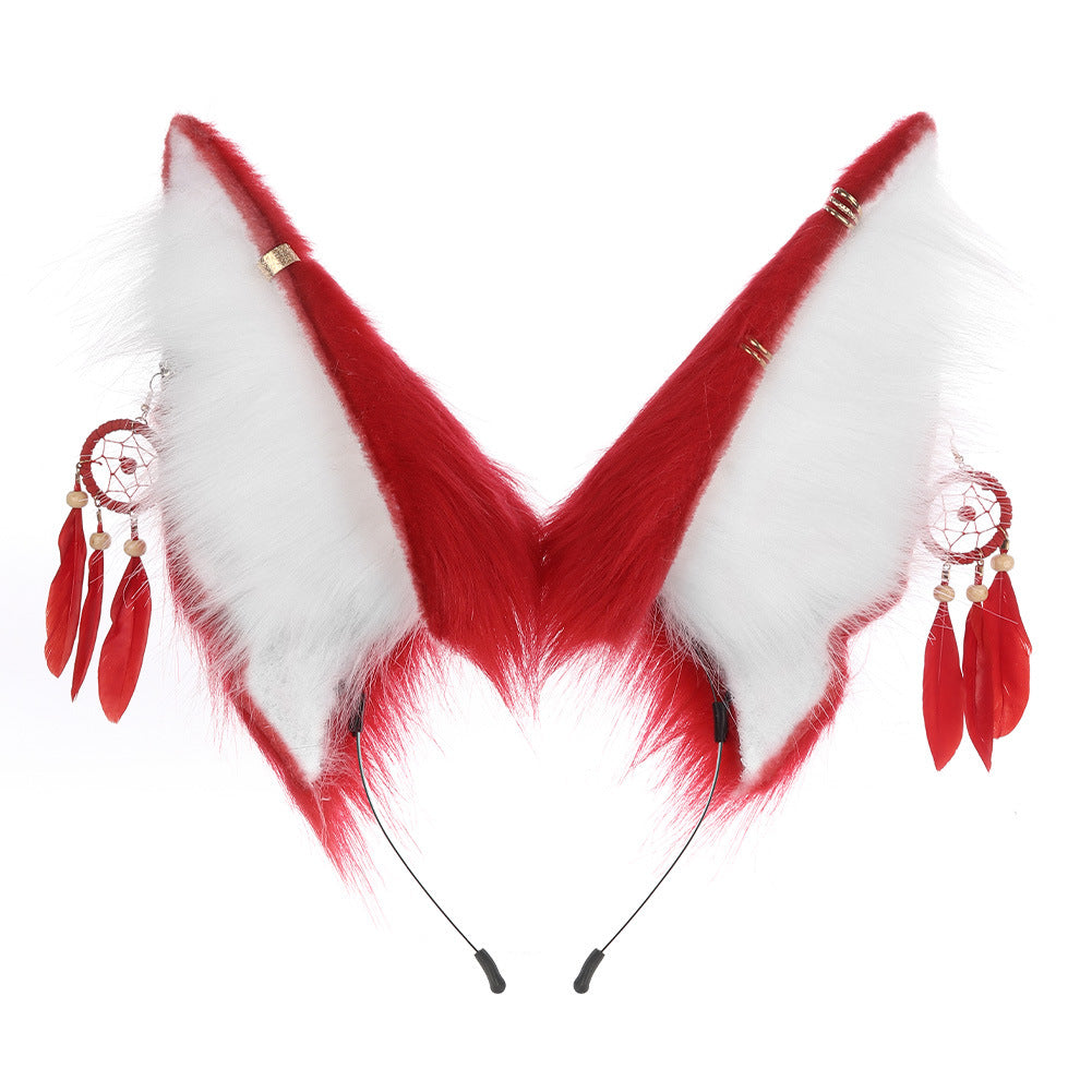 Handmade Plush Animal Ears Headband with Dreamcatcher Accessory, Halloween Costume Anubis Egyptian Cosplay Headpiece