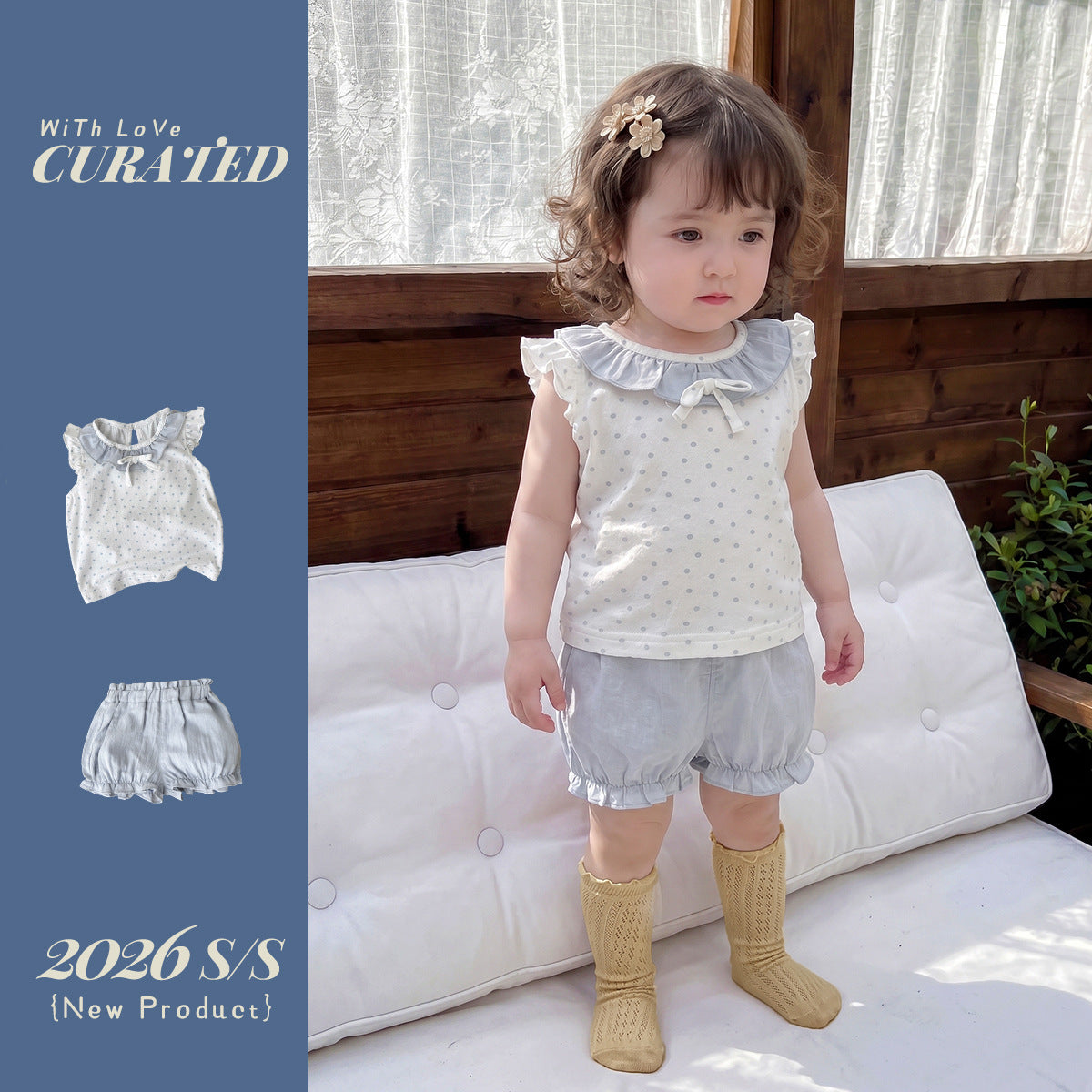Two-Piece Set for Girls, Polka Dot Sleeveless Top with Ruffled Shorts, Stylish Baby Girl Outfit