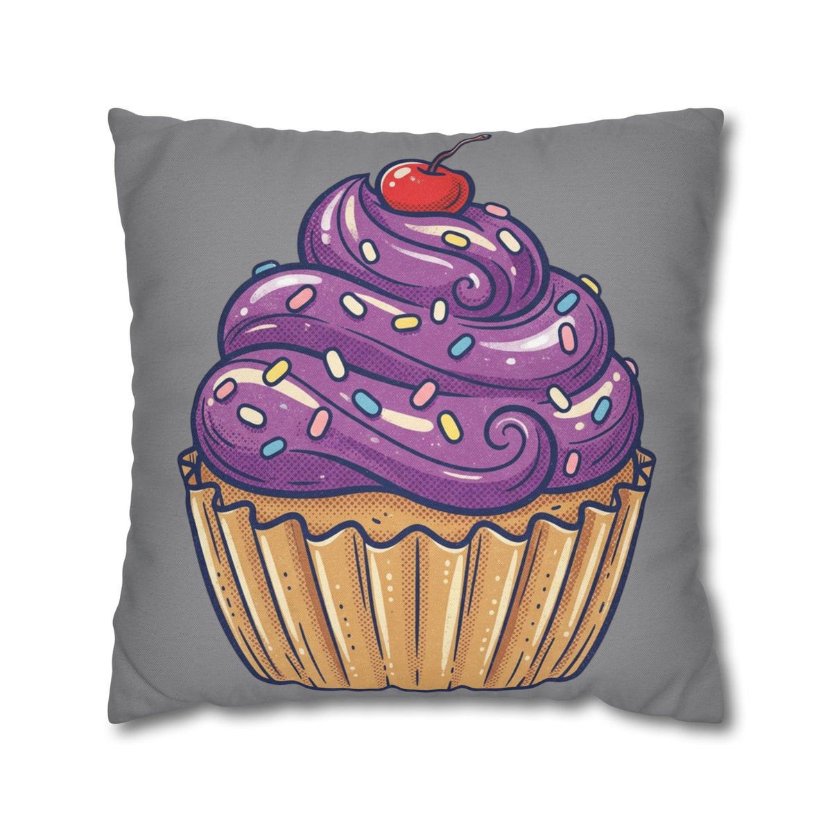 Cupcake Pillowcase — Whimsical Purple Frosting Decorative Throw Pillow- Grey