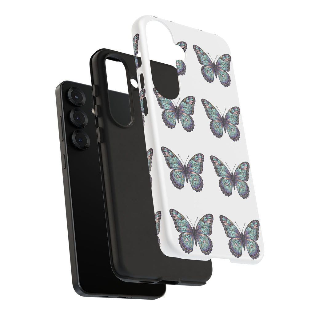 Butterfly Pattern Tough Phone Case — Vintage Teal Floral Protective Cover