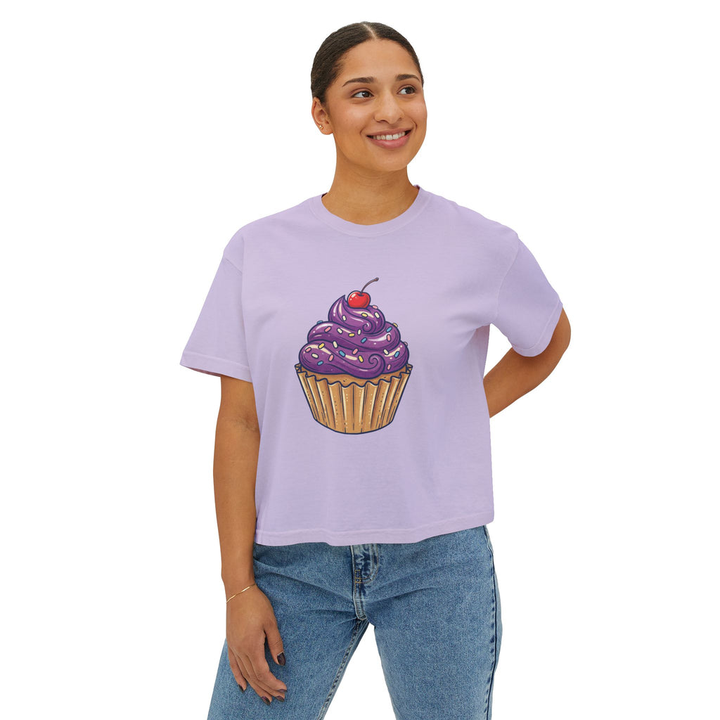 Cupcake Graphic Boxy Tee — Cute Purple Frosting Women's T-Shirt