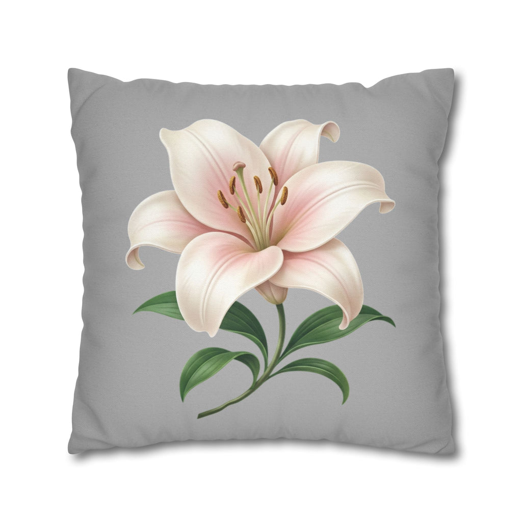 Floral Lily Throw Pillowcase — Pink Lily on Gray Decorative Cushion Cover