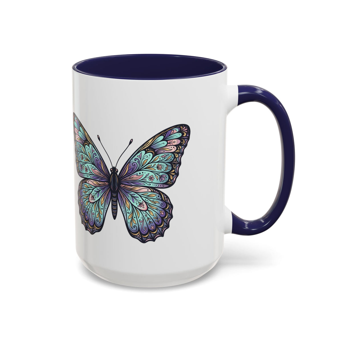 Butterfly Accent Coffee Mug — Teal Mandala Wing Design (11/15oz)