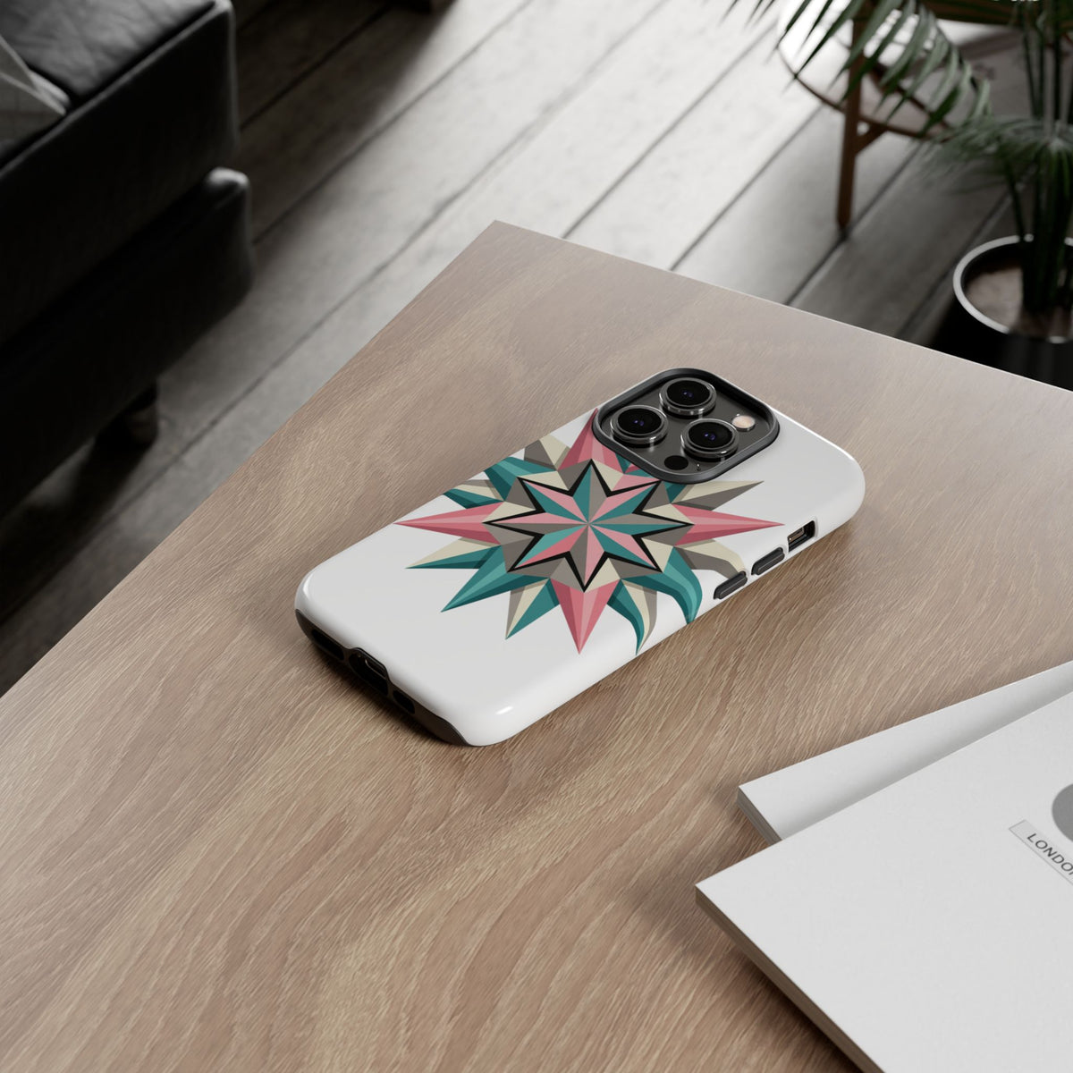 Geometric Star Tough Phone Case – Pink Teal Compass Design