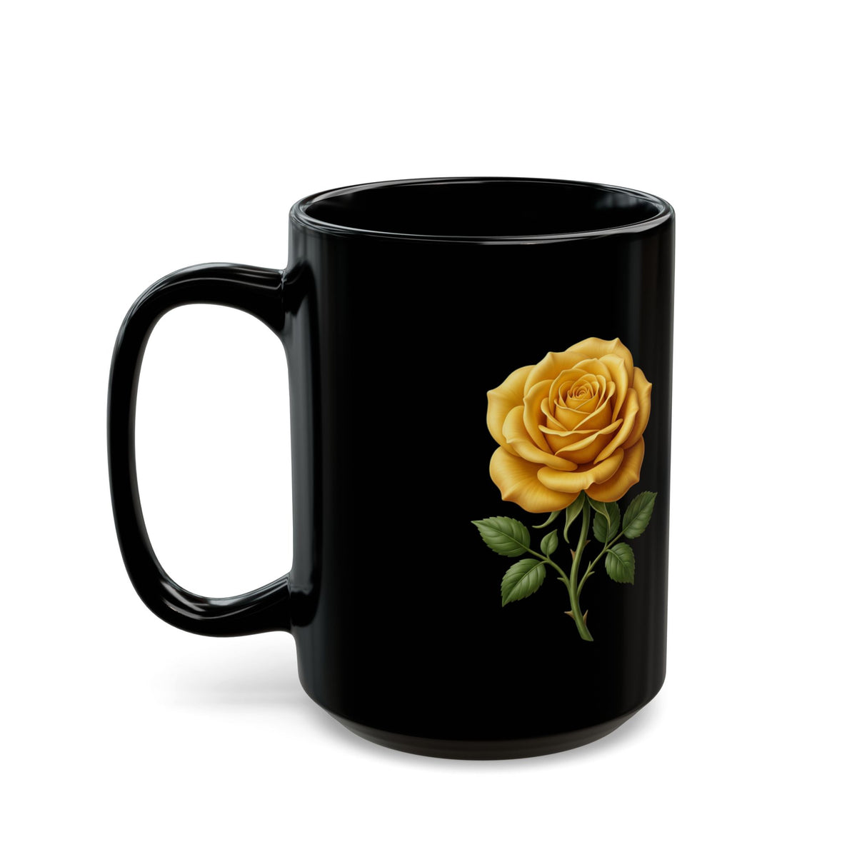 Yellow Rose Black Mug — Elegant Floral Coffee Cup (11oz & 15oz)