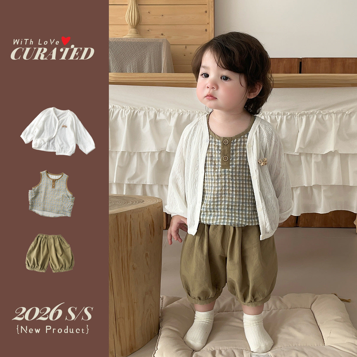 Baby Boy Summer Two-piece Set, Simple Checkered Sleeveless Vest, Loose Lantern Shorts