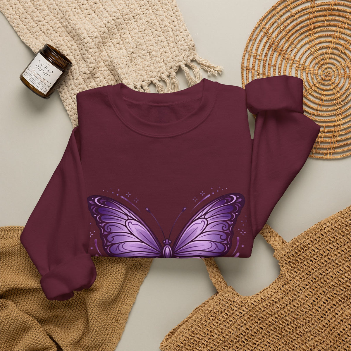 Purple Butterfly Crewneck Sweatshirt — Vibrant Graphic Butterfly Pullover