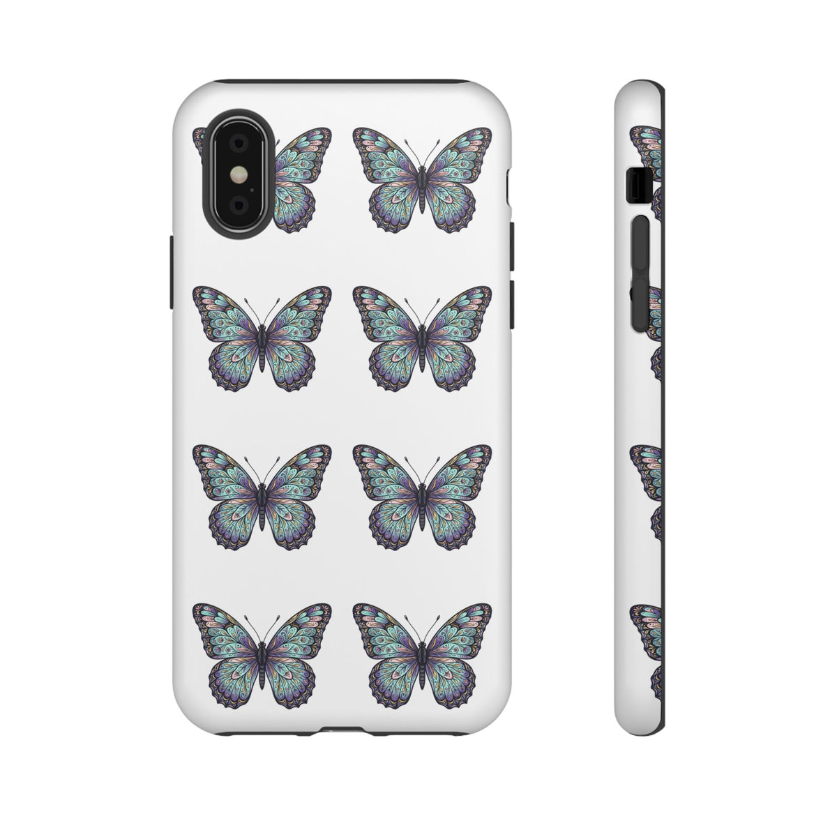 Butterfly Pattern Tough Phone Case — Vintage Teal Floral Protective Cover