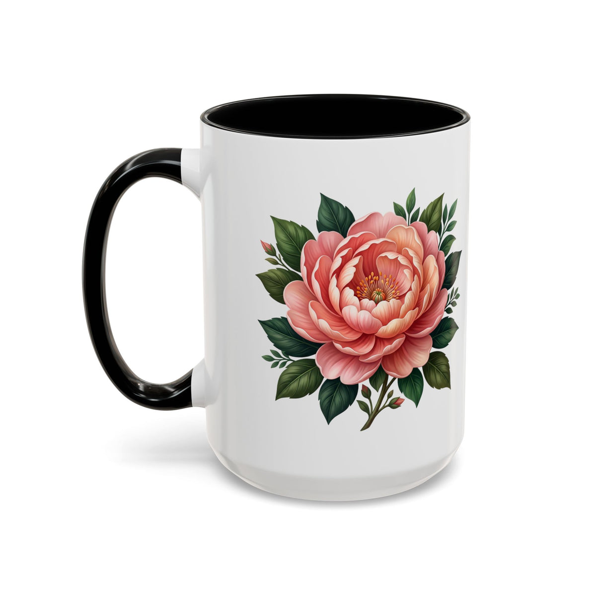 Floral Peony Accent Coffee Mug — Pink Rose Bloom Ceramic Cup