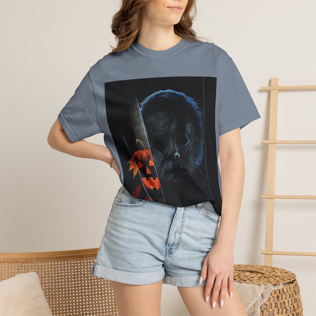 T-Shirt — Halloween Split-Face Pumpkin & Michael Myers Horror Graphic