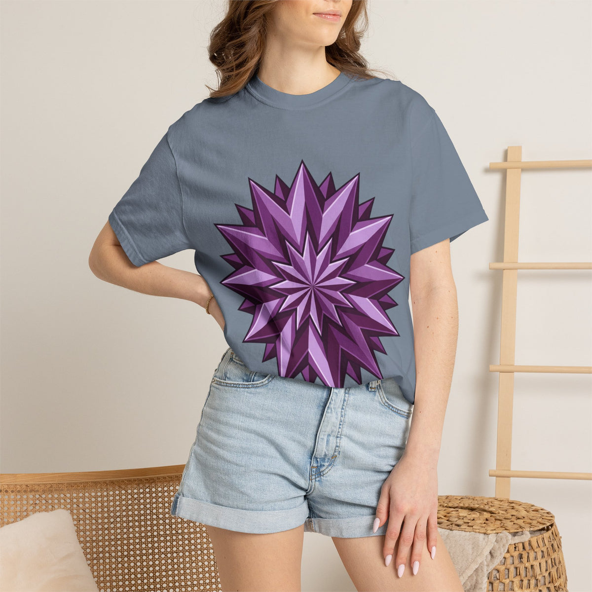 Purple Geometric Starburst T-Shirt — Bold 3D Floral Graphic Tee