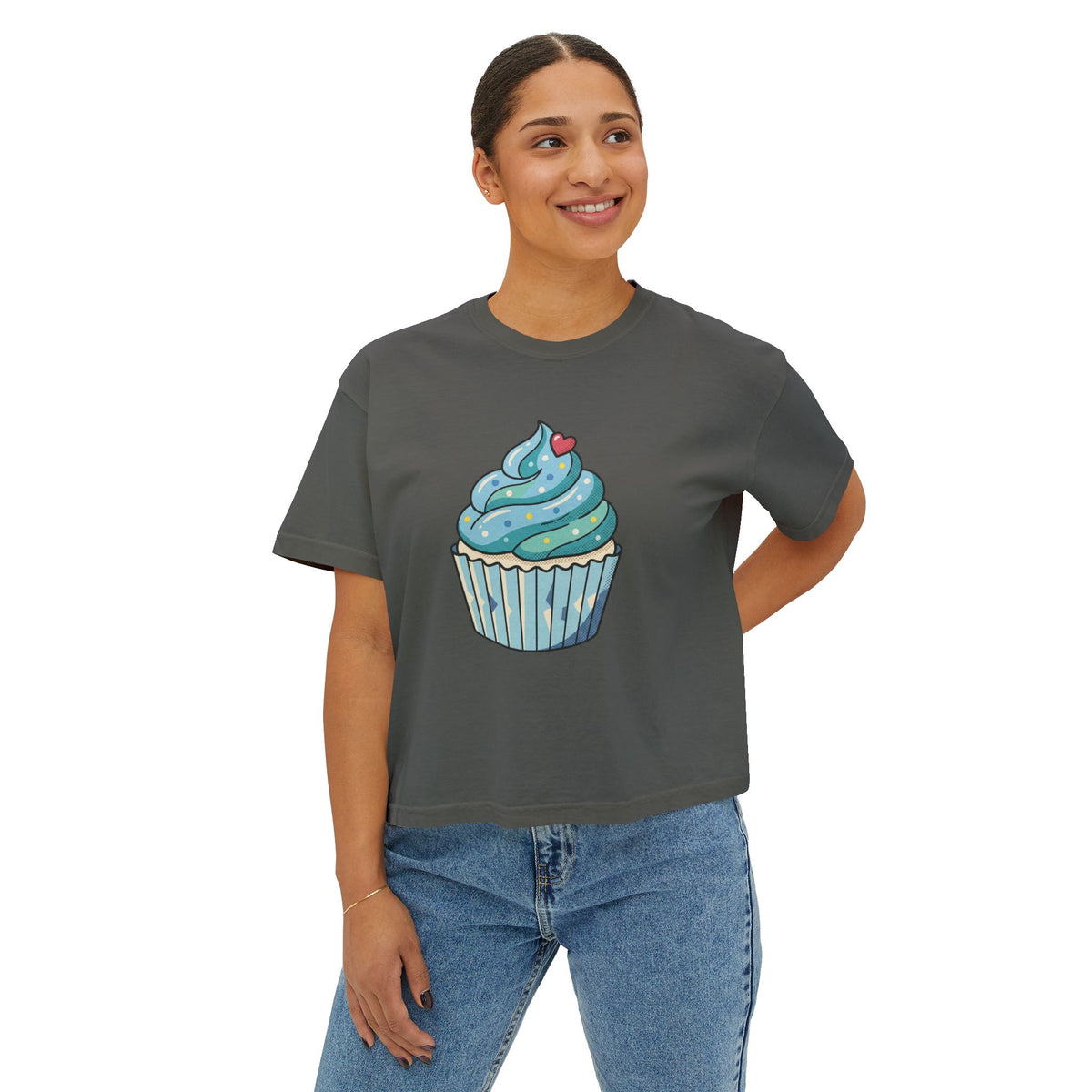 Cupcake Graphic Boxy Tee — Cute Blue Cupcake Women's Cropped T-Shirt