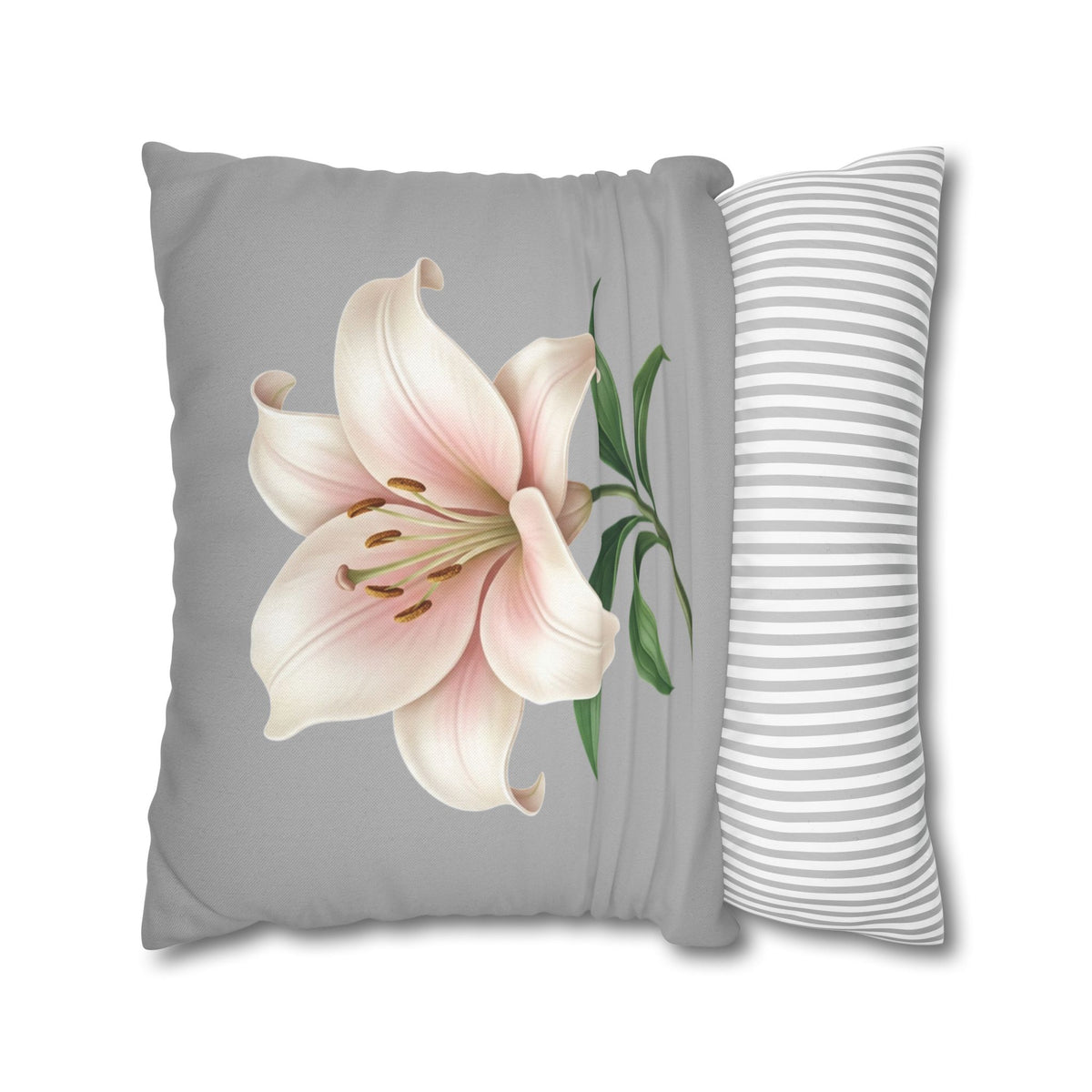 Floral Lily Throw Pillowcase — Pink Lily on Gray Decorative Cushion Cover