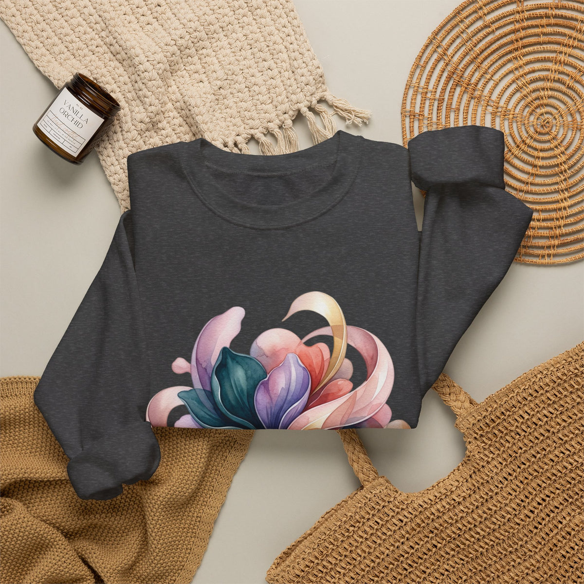 Abstract Floral Crewneck Sweatshirt — Pastel Swirl Art Pullover