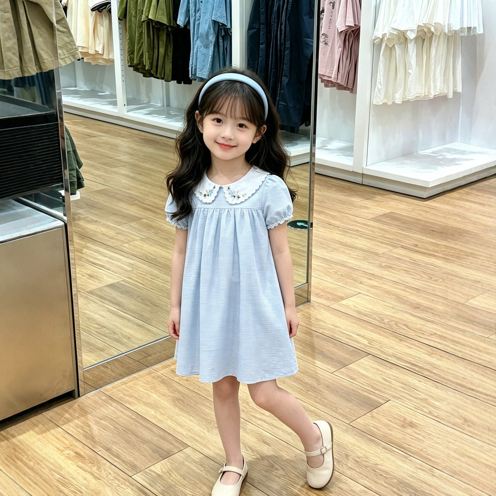 Girls' Peter Pan Collar Embroidered Short Sleeve Dress