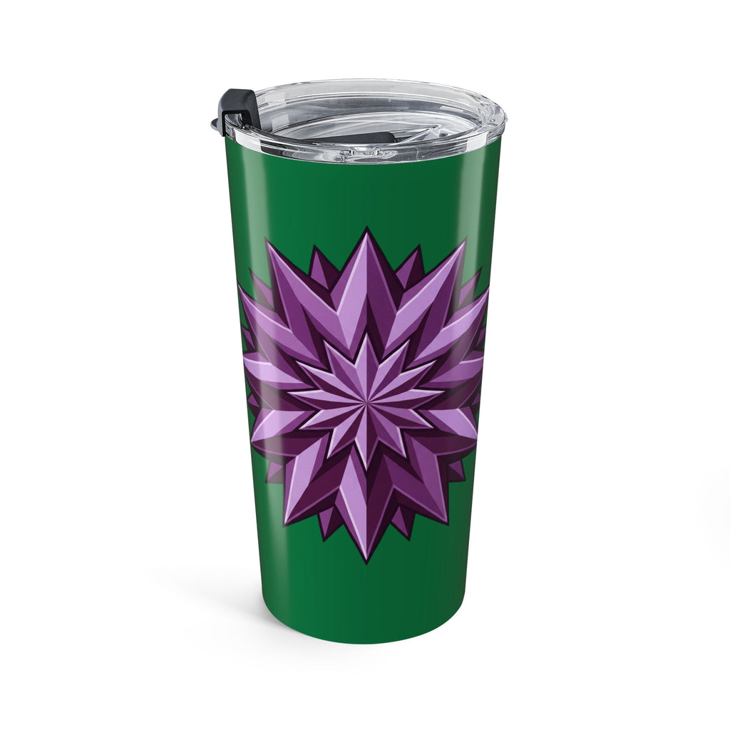 20oz Floral Star Tumbler — Green Travel Cup with Purple Geometric Blossom
