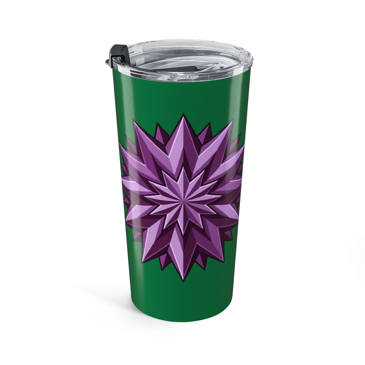 20oz Floral Star Tumbler — Green Travel Cup with Purple Geometric Blossom
