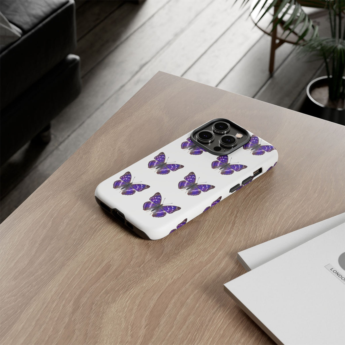 Purple Butterfly Tough Phone Case — Durable Protective iPhone Case with Repeating Butterfly Pattern