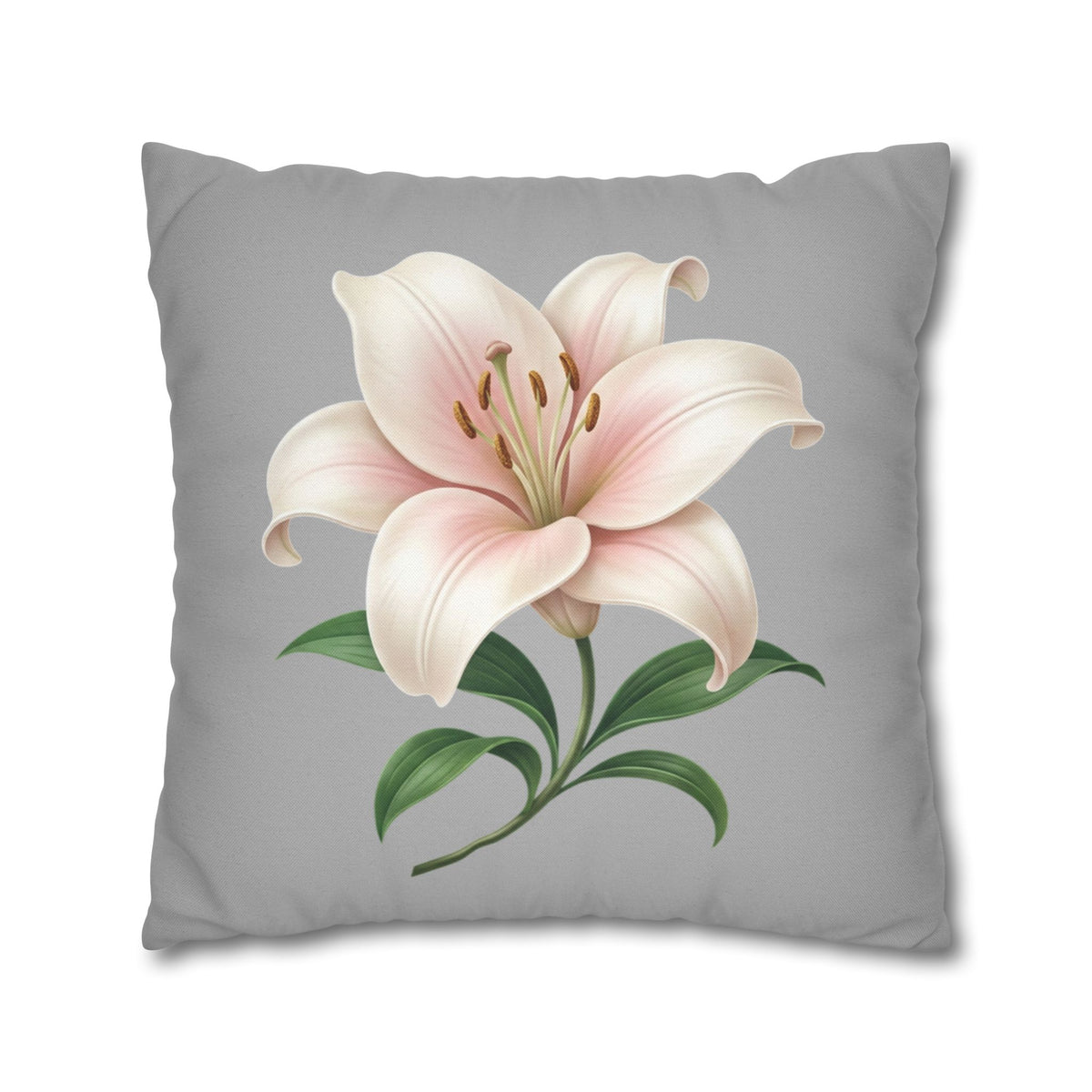 Floral Lily Throw Pillowcase — Pink Lily on Gray Decorative Cushion Cover