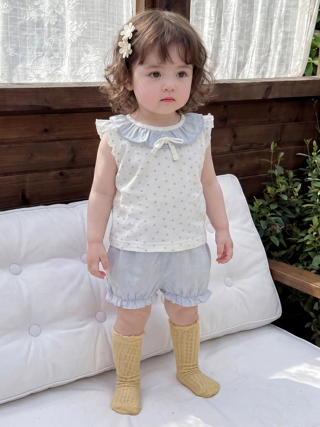 Two-Piece Set for Girls, Polka Dot Sleeveless Top with Ruffled Shorts, Stylish Baby Girl Outfit